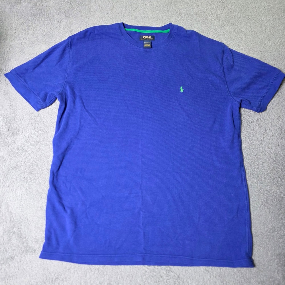 Polo Ralph Lauren Mens 2XL T-Shirt Blue Waffle Knit Short Sleeve Green Pony Logo